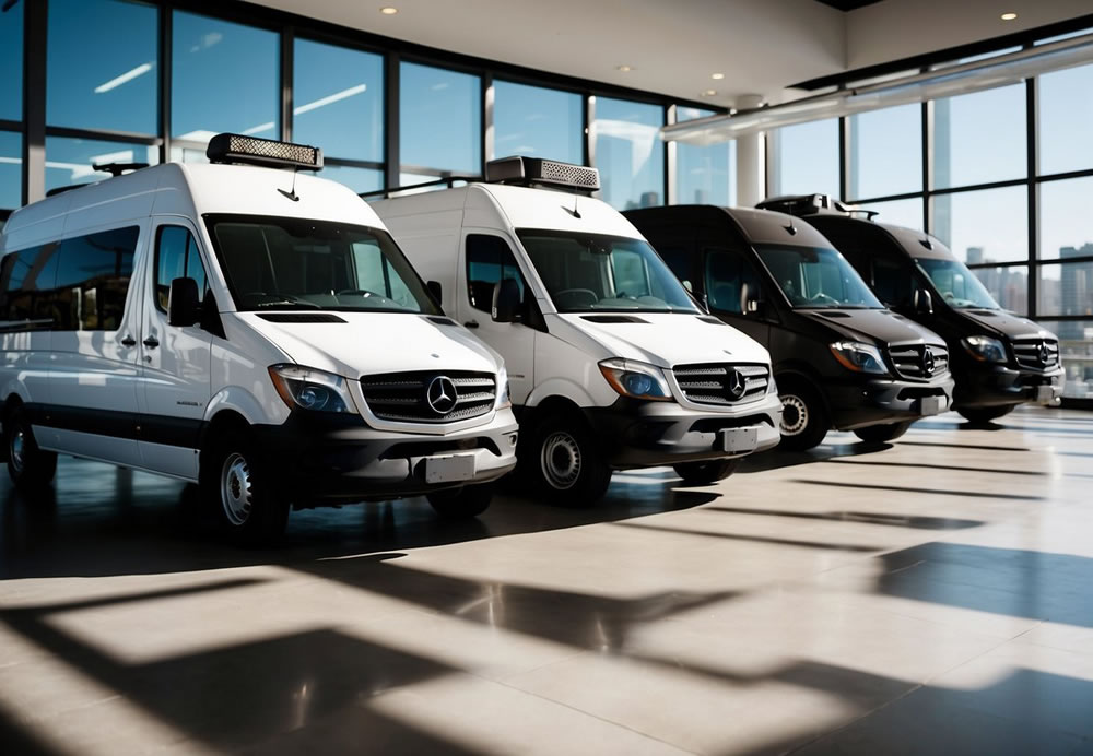 The three luxury Mercedes Sprinter vans are parked side by side in a sleek and modern showroom, with the San Diego skyline visible through the floor-to-ceiling windows