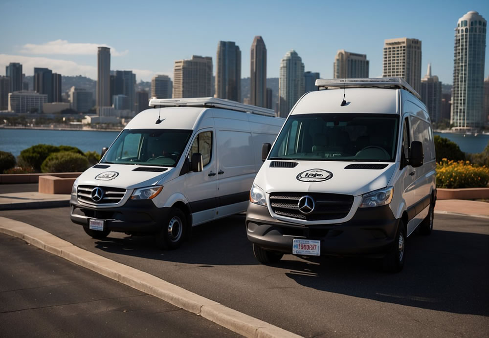 Three luxury Sprinter vans parked in front of a San Diego skyline, with company logos prominently displayed on the vehicles
