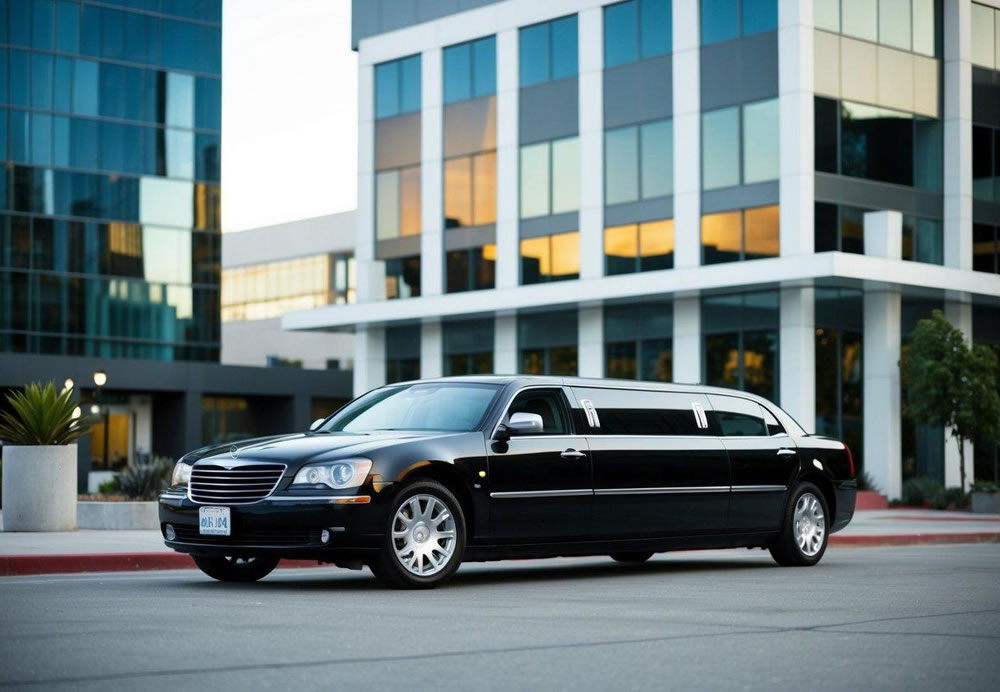 A sleek black limousine parked in front of a modern office building in downtown San Diego