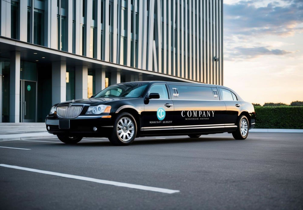 A sleek black limousine parked in front of a modern office building, with the company logo displayed on the vehicle's exterior