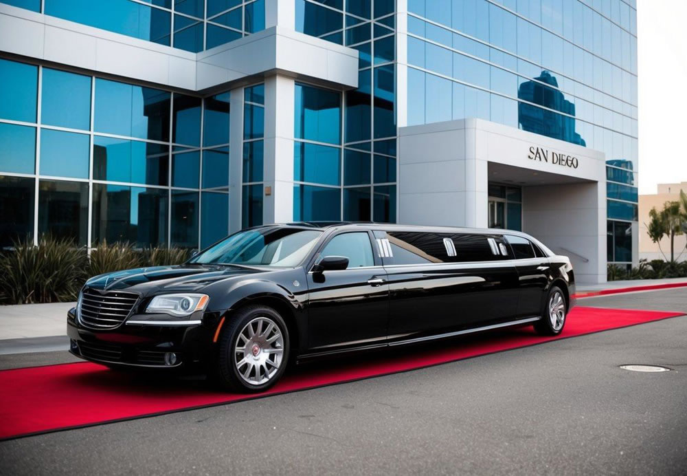 A sleek black limousine parked outside a modern corporate building in downtown San Diego, with a red carpet leading up to the entrance