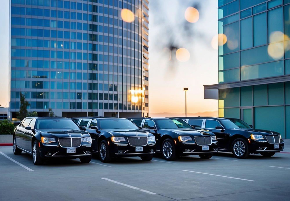 A sleek corporate limousine fleet parked in front of a modern office building in downtown San Diego