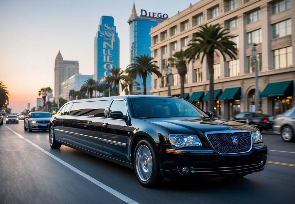 A sleek black limousine glides through the bustling streets of San Diego, passing by iconic landmarks and palm-lined boulevards