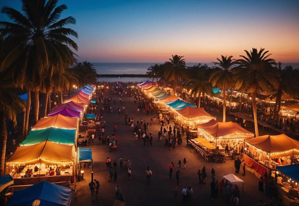 A bustling street fair with colorful tents and lively music, surrounded by palm trees and a vibrant sunset over the ocean