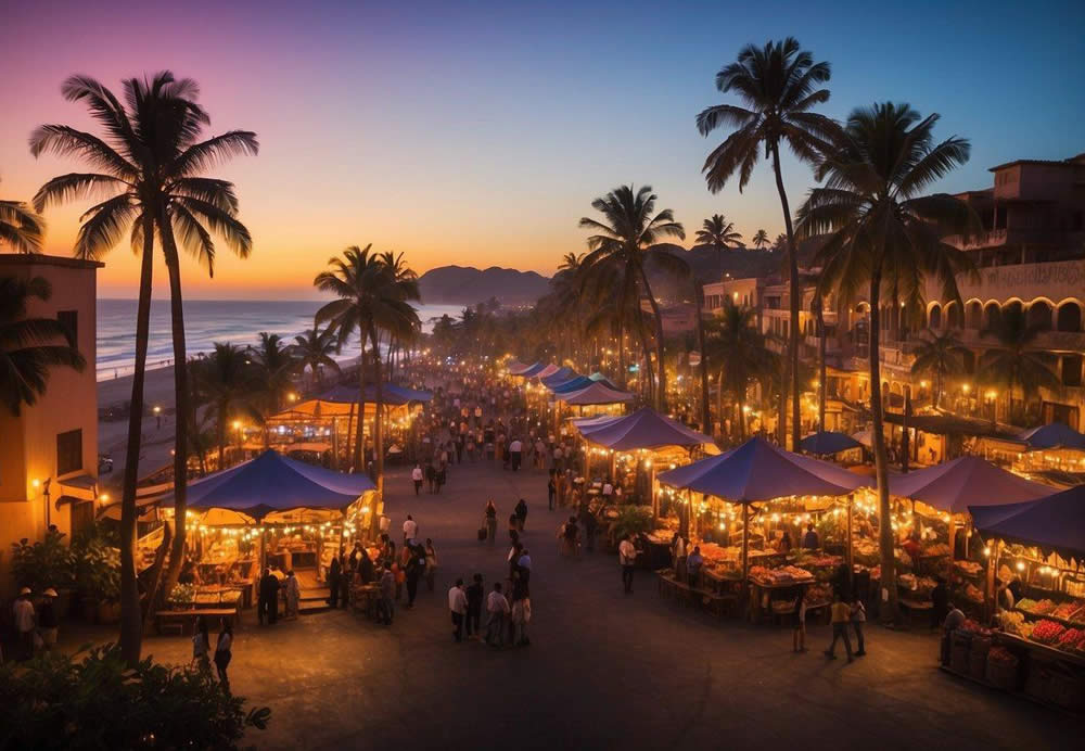 A bustling border town with colorful street vendors and live music, surrounded by towering palm trees and a vibrant sunset over the Pacific Ocean