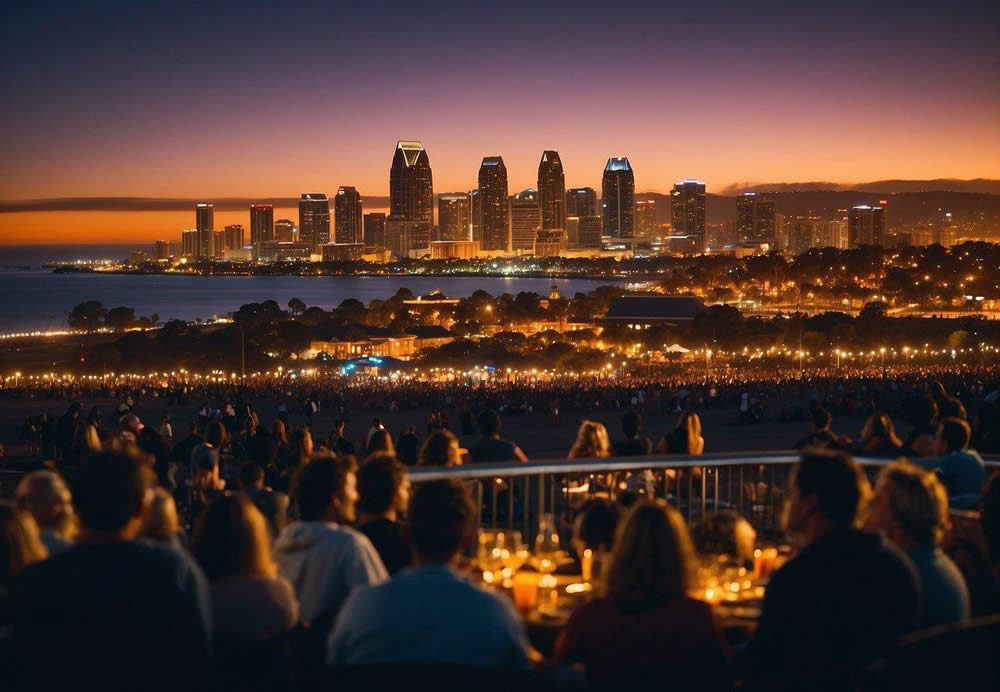 Vibrant cityscape with illuminated buildings, bustling streets, and lively outdoor venues. Music, laughter, and excitement fill the air as people gather for various events and entertainment in San Diego