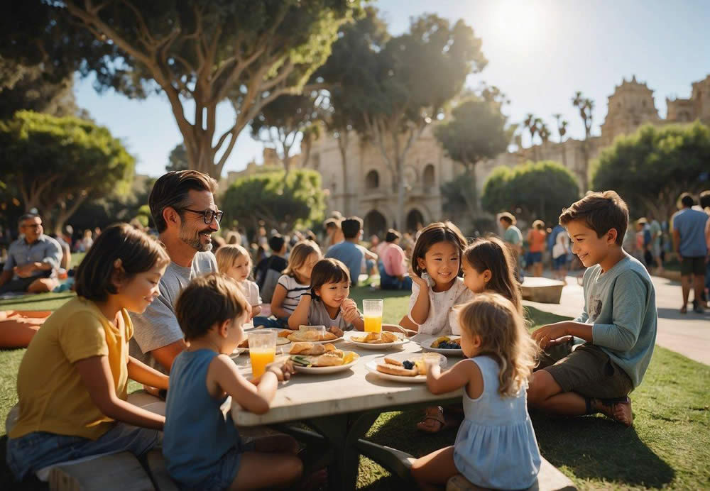 Families picnic at Balboa Park, kids play at the beach, and families explore the San Diego Zoo
