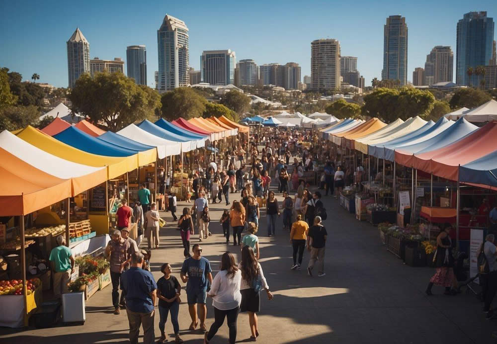 A colorful and lively scene with various festival booths, food vendors, and entertainment stages, all set against the backdrop of San Diego's iconic skyline