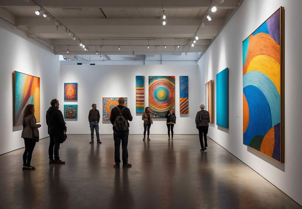 Vibrant artwork fills a spacious gallery, illuminated by natural light pouring in through large windows. Visitors admire diverse pieces, from colorful paintings to intricate sculptures, while engaging in lively conversations