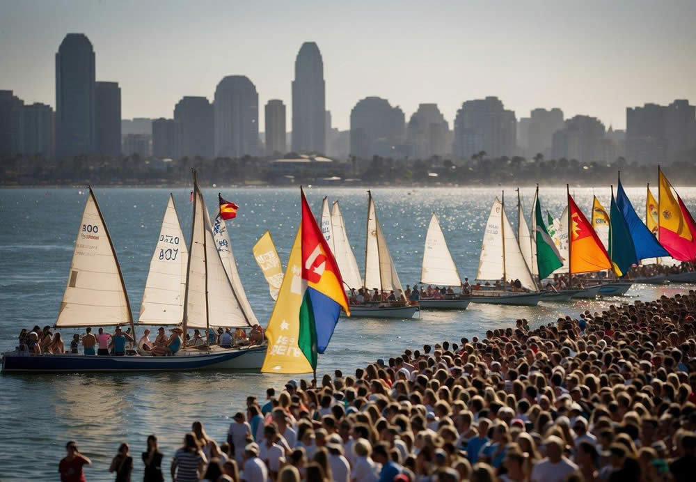 A crowd cheers as colorful boats race along the San Diego Bay, with the city skyline in the background. Flags flutter in the breeze as competitors paddle fiercely towards the finish line