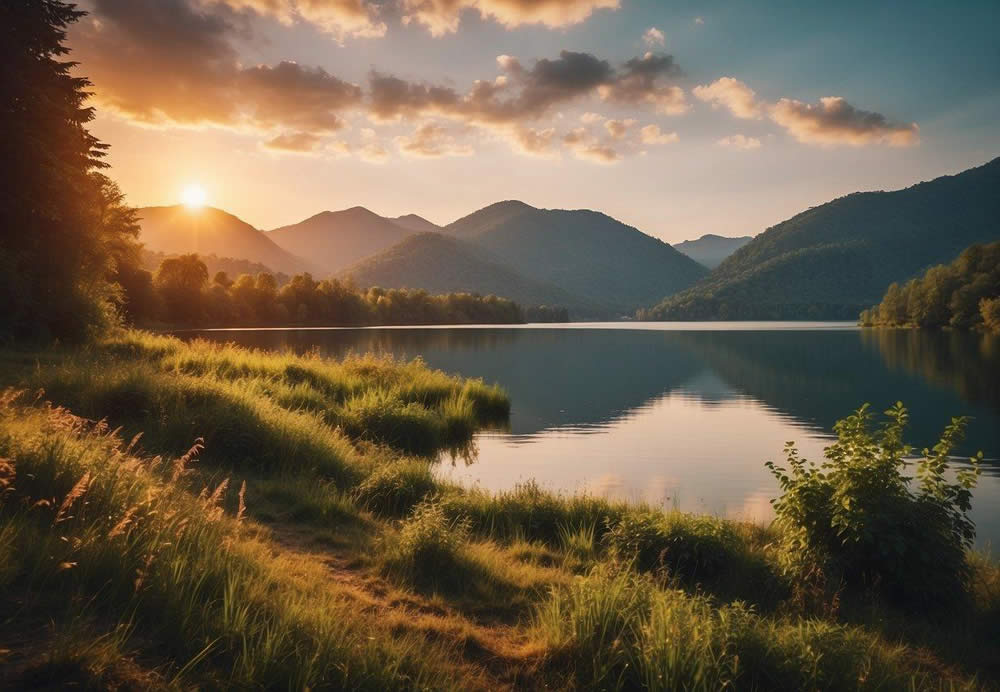 A colorful sunset over a serene lake with a backdrop of lush green mountains and a variety of wildlife roaming in the distance