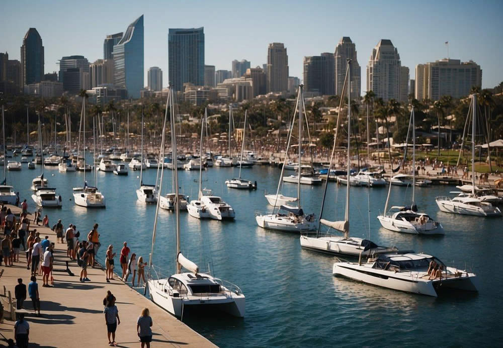 A bustling waterfront with sailboats, yachts, and paddleboarders. Crowds gather for nautical events, music, and food. The San Diego skyline looms in the background
