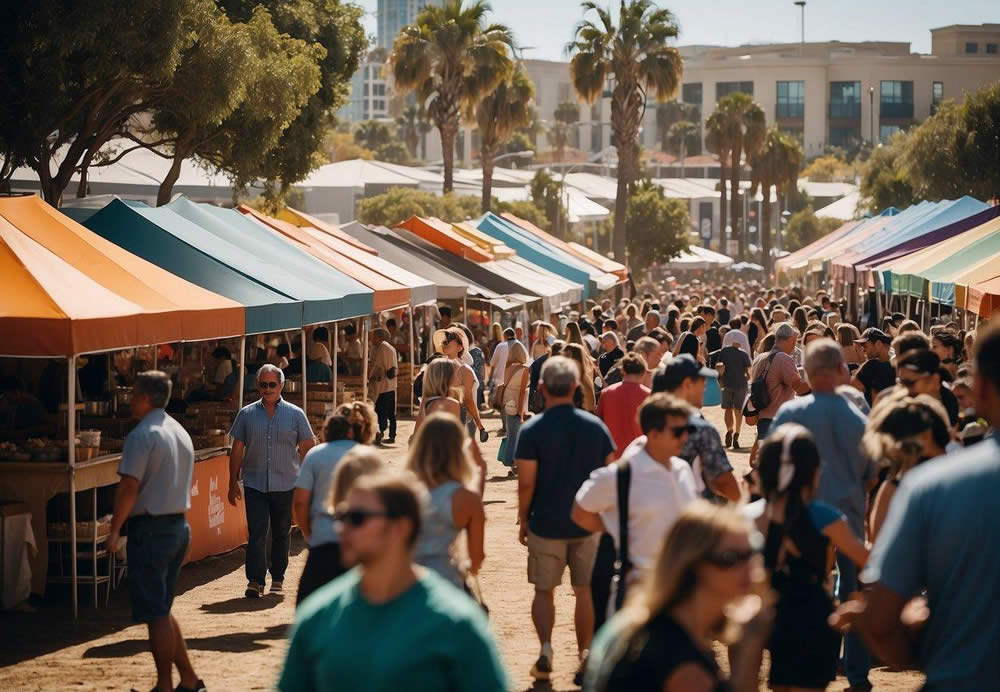 A bustling food festival in San Diego, with colorful tents and food stalls, people enjoying various culinary experiences, live music, and a lively atmosphere