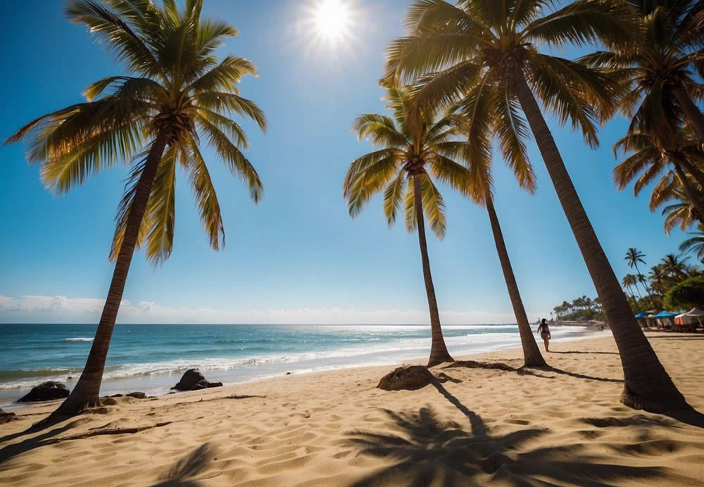 A colorful beach scene with a bright sun, clear blue skies, and gentle waves. Palm trees sway in the breeze while people enjoy outdoor activities